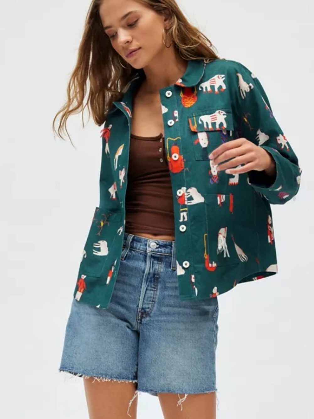 Urban Outfitters Lined Printed Utility Chore Jacket XS Folk Art Cotton Shacket